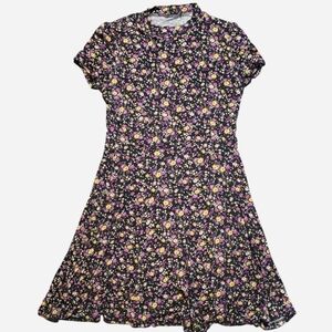 forever 21 black, purple and yellow floral mock neck skater dress